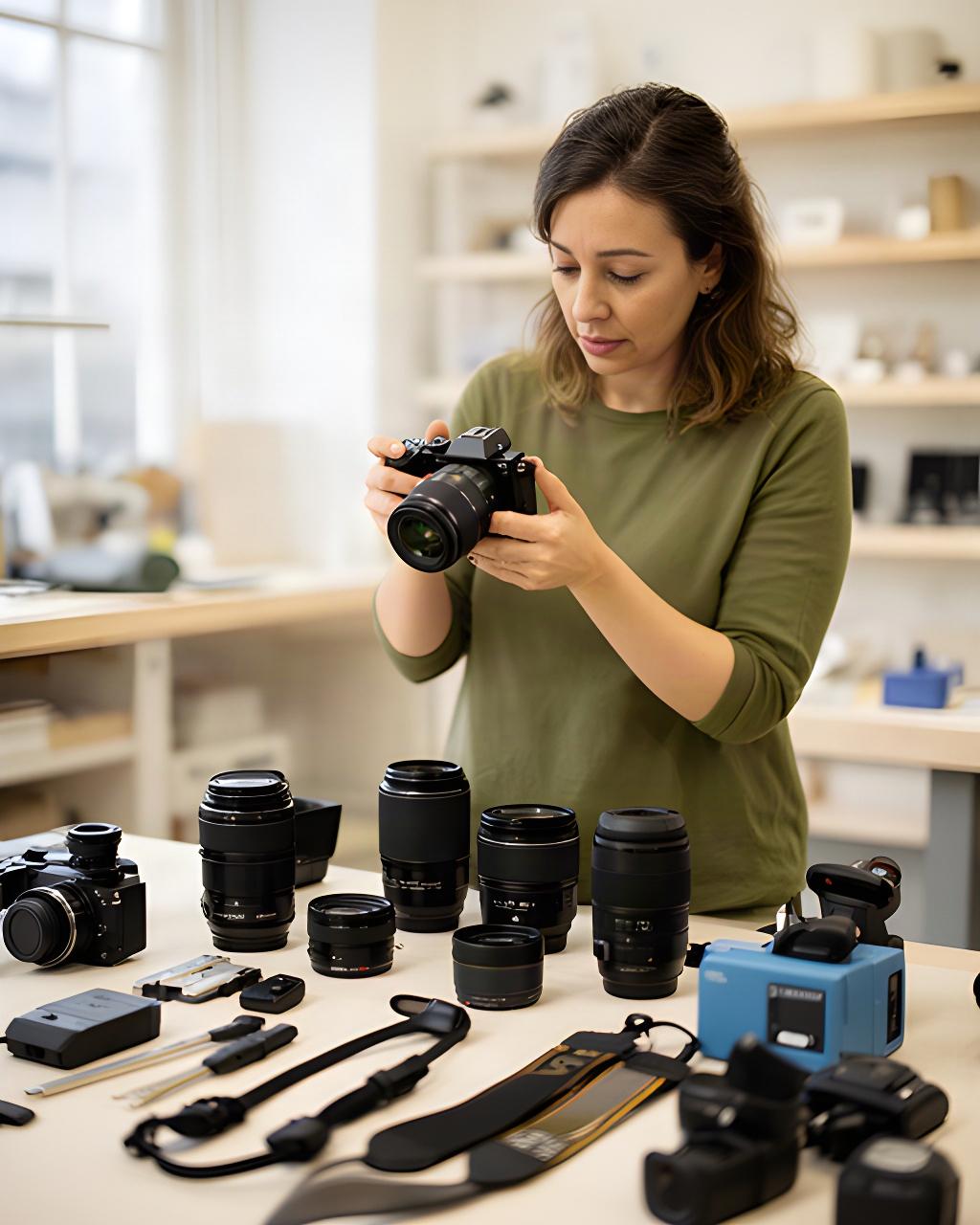 Fotógrafa probando una cámara junto a una mesa de objetivos y accesorios en un taller luminoso
